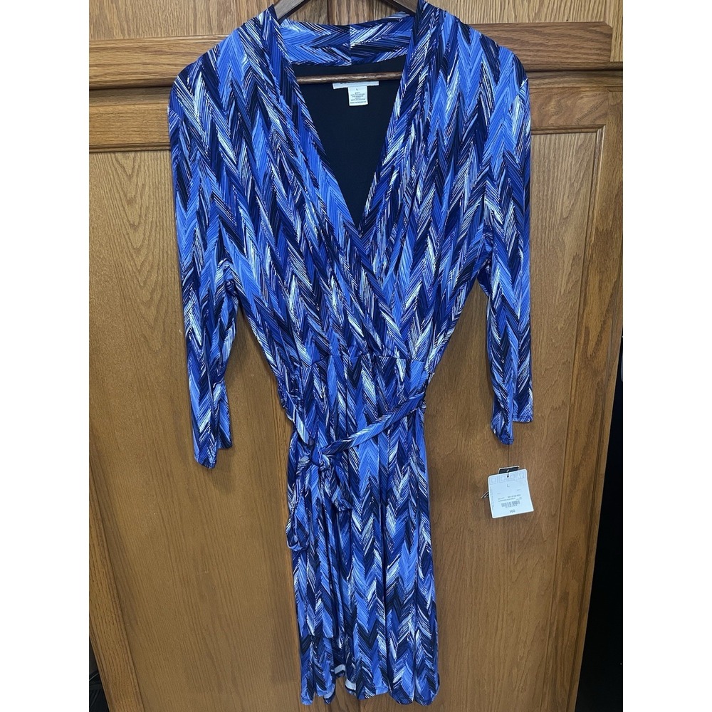 Liz Claiborne Blue Print  Midi Stretch Tie Dress Size Large Business Casual